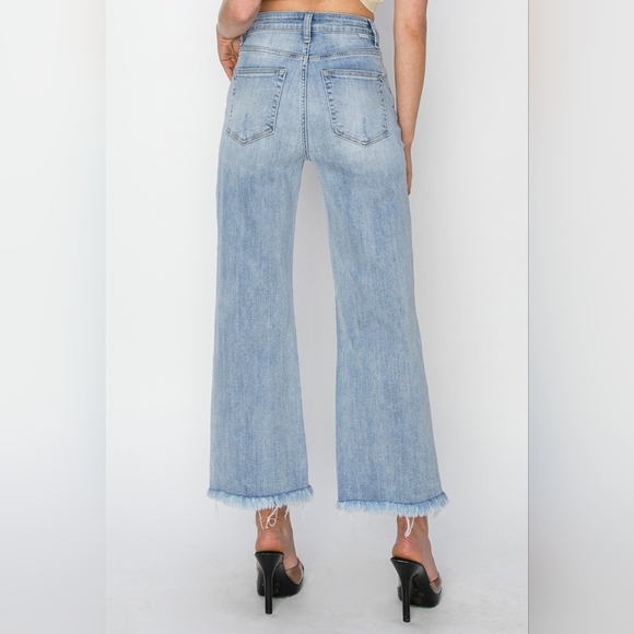RISEN High-Rise Waist Pants Wide Leg Cropped Frayed Hem Boyfriend Denim Jeans - Picture 9 of 15
